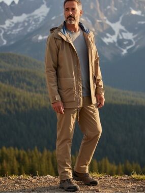 Orvis Men’s Tan Hooded Raincoat and Matching Rain Pants Large